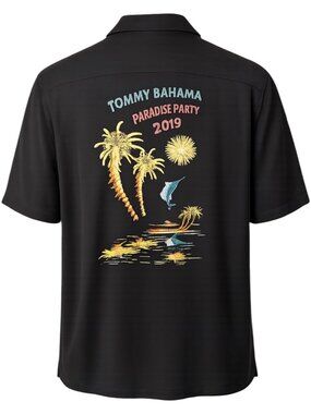 Tommy Bahama Paradise Party 2019 Silk Camp Shirt Black XL Tropical Embroidered